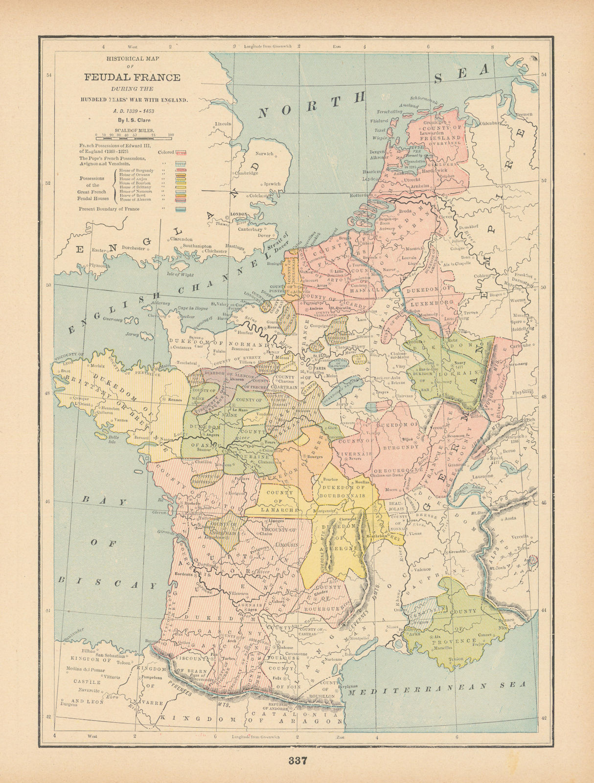 Associate Product Feudal France during Hundred Years War with England AD 1339-1453. CLARE 1894 map