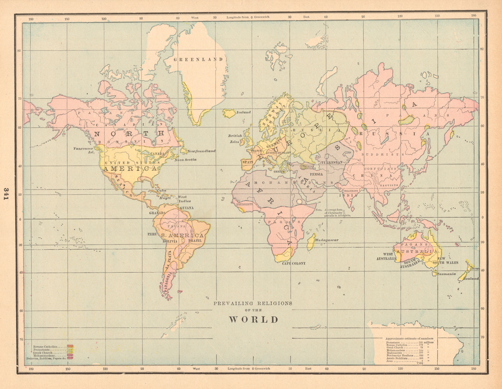 Associate Product World Prevailing Religions. Protestant Greek church Catholic &c. CRAM 1894 map