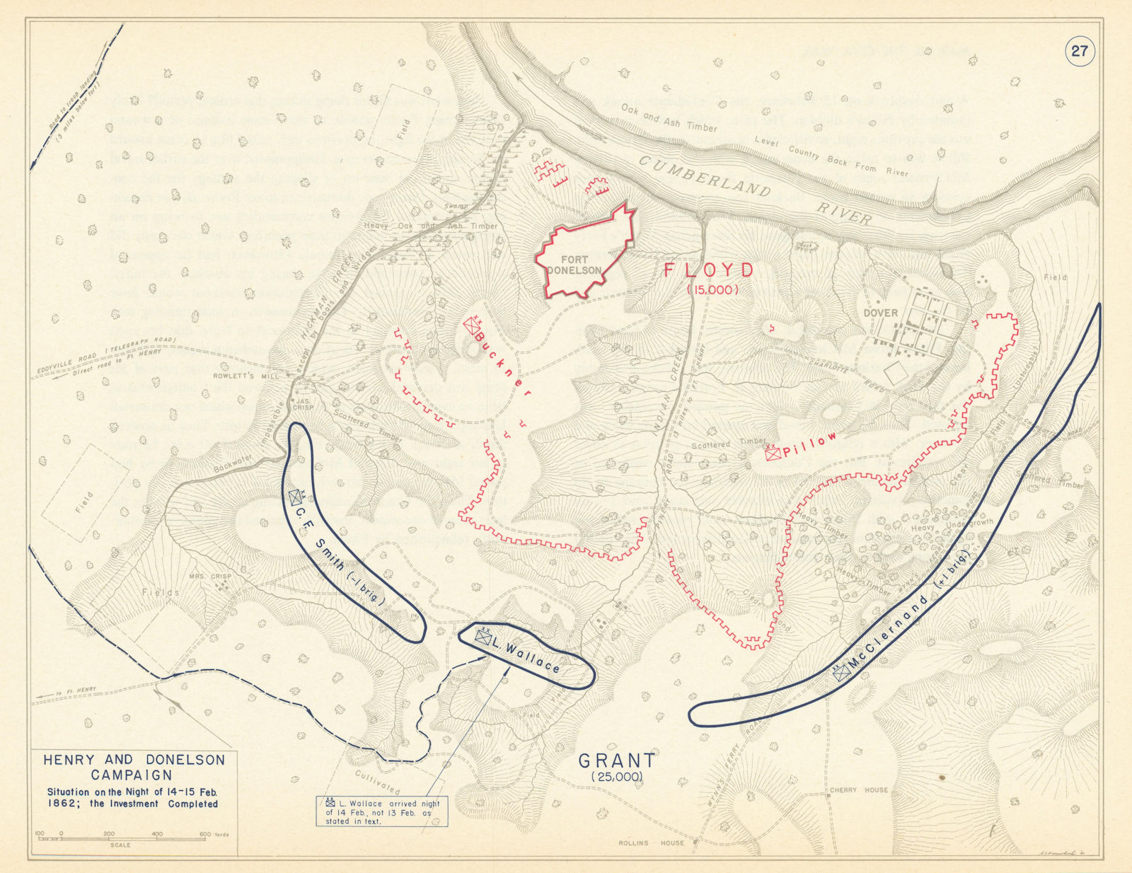 American Civil War. 14-15 night February 1862. Battle of Fort Donelson 1959 map
