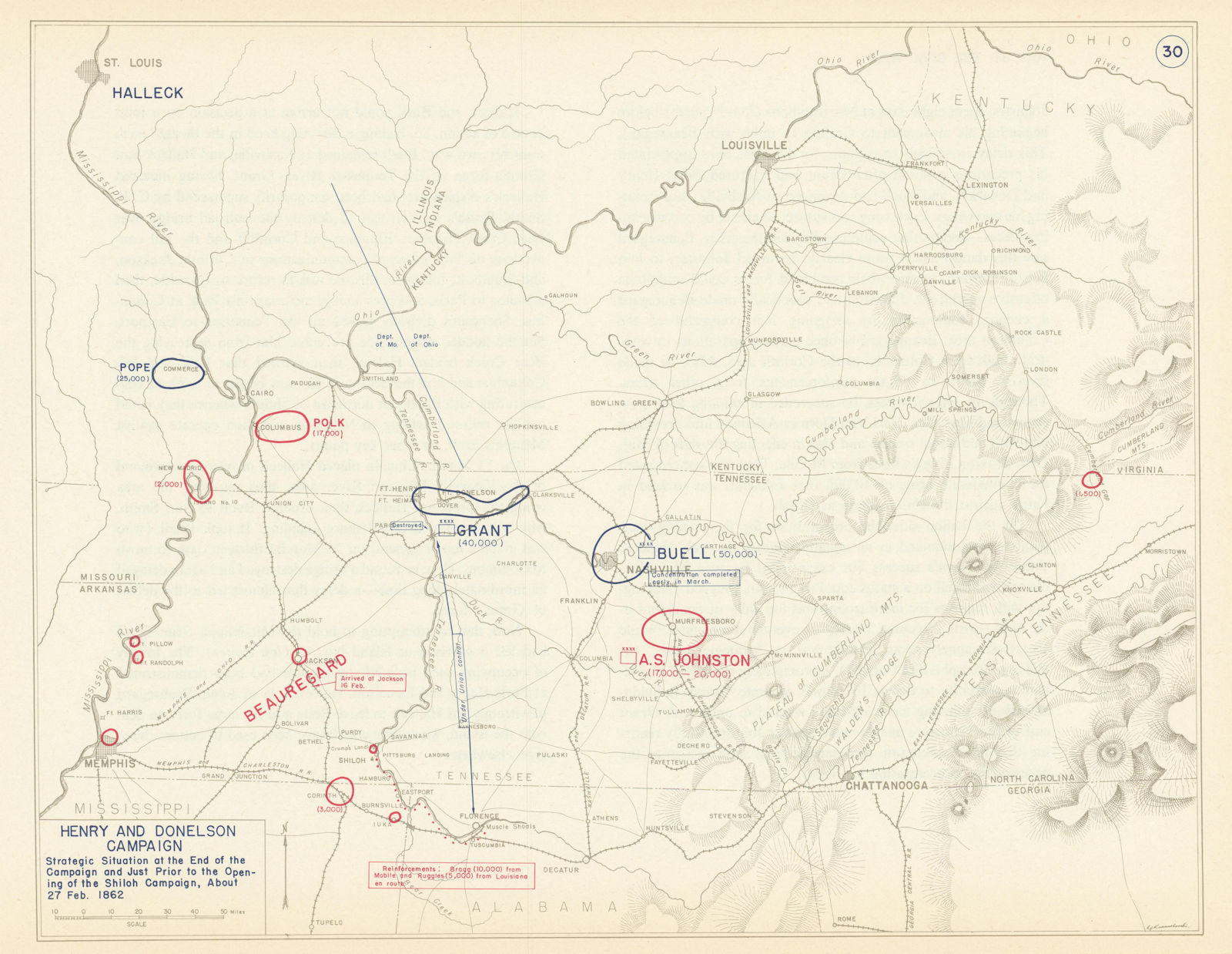 American Civil War. Situation 27 February 1862. Henry/Donelson Campaign 1959 map