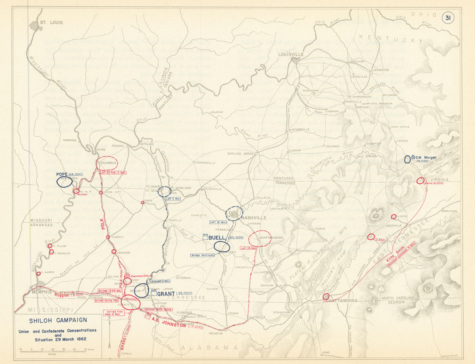 American Civil War. Situation 29 March 1862. Shiloh Campaign 1959 old map