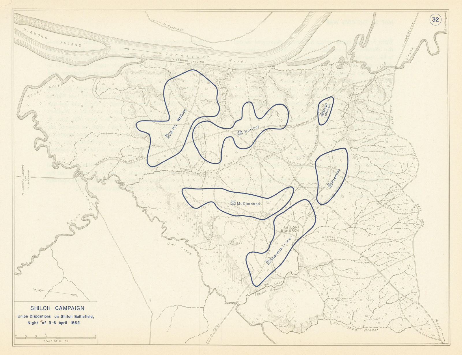 American Civil War 5-6 April 1862 Shiloh Battlefield Union Dispositions 1959 map