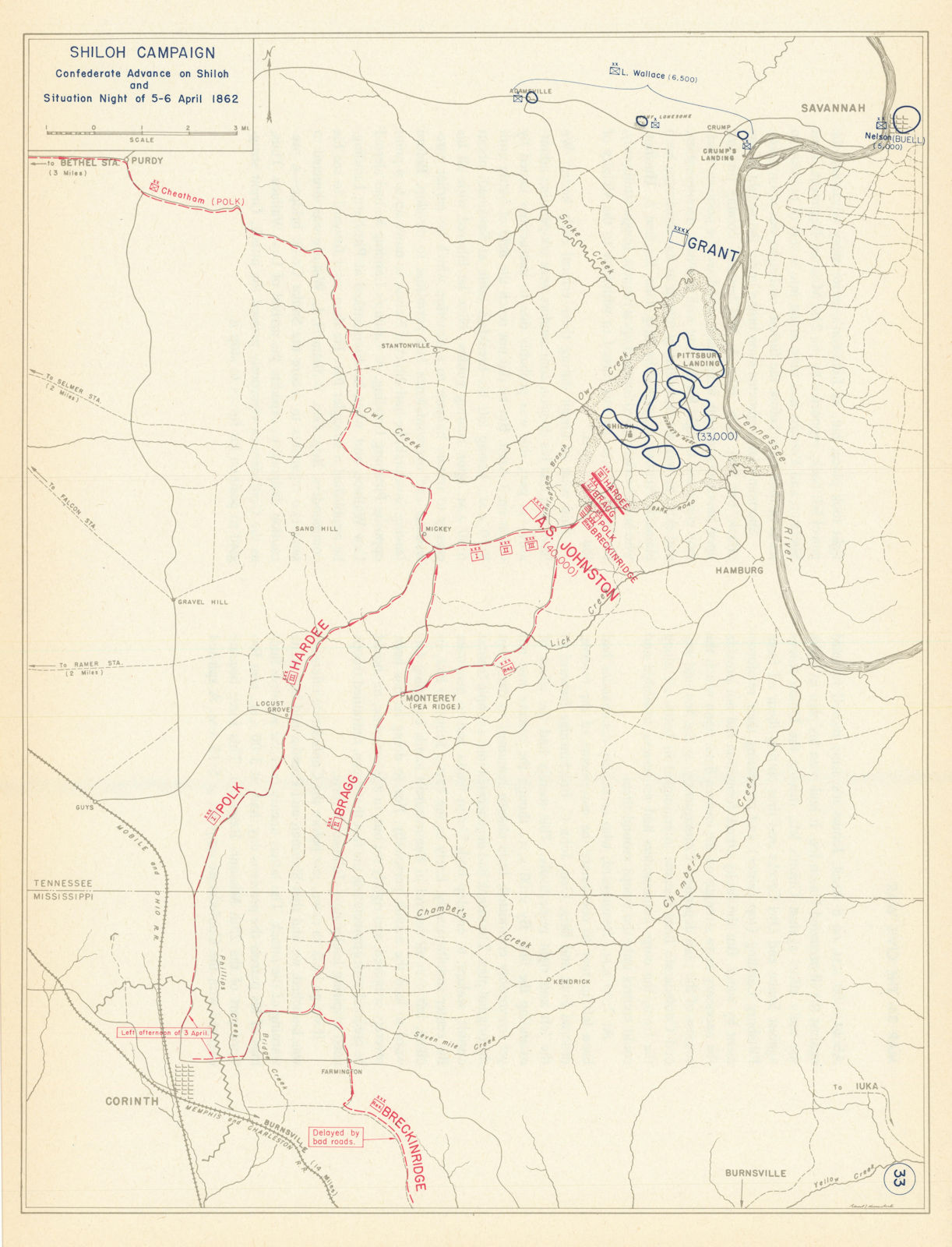 American Civil War. 5-6 April 1862 Confederate Advance on Shiloh 1959 old map