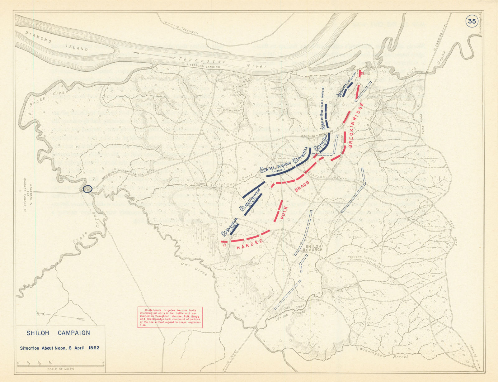 American Civil War. Noon 6 April 1862. Battle of Shiloh. Tennessee 1959 map