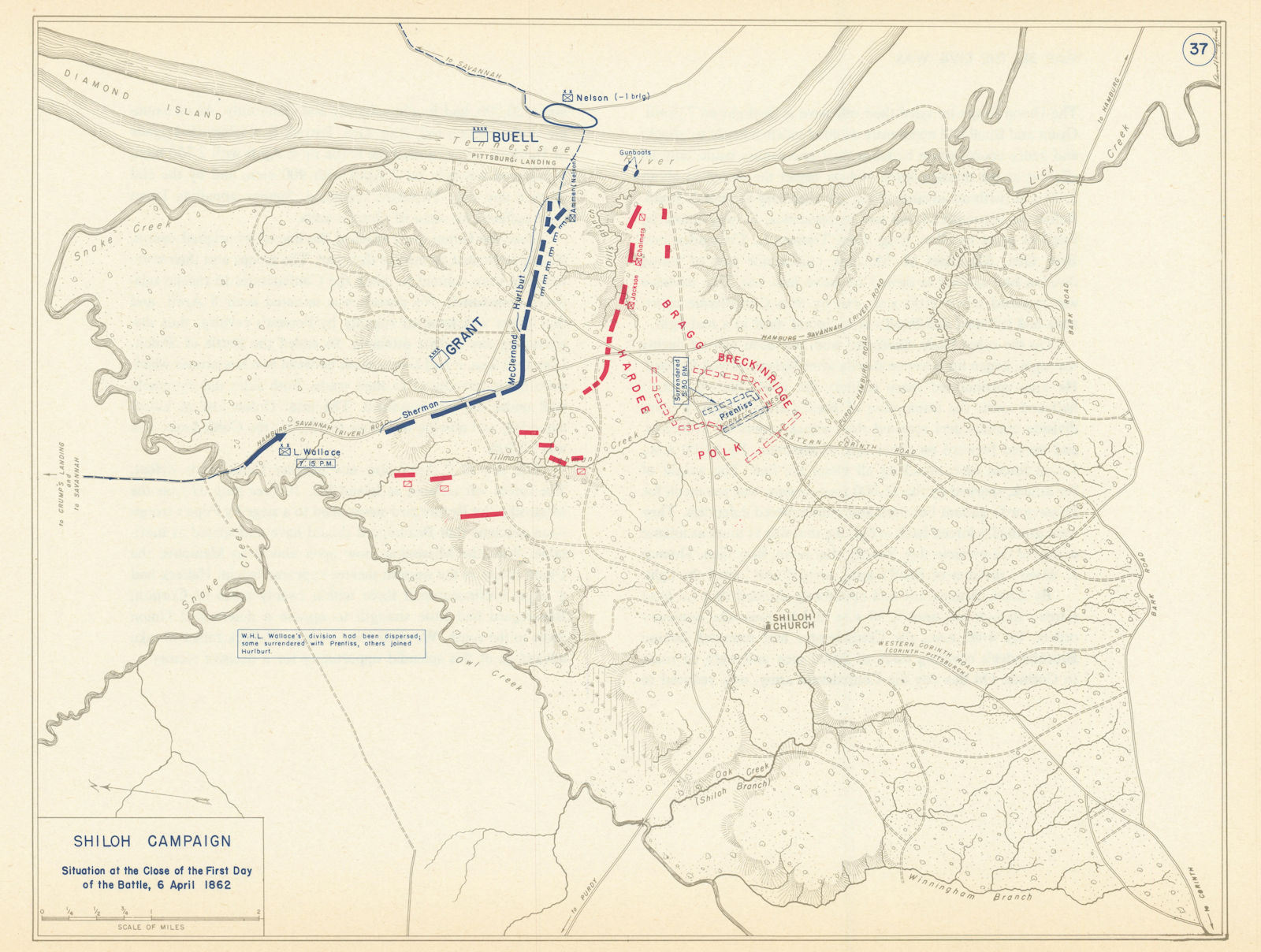 American Civil War. Evening 6 April 1862. Battle of Shiloh. Tennessee 1959 map
