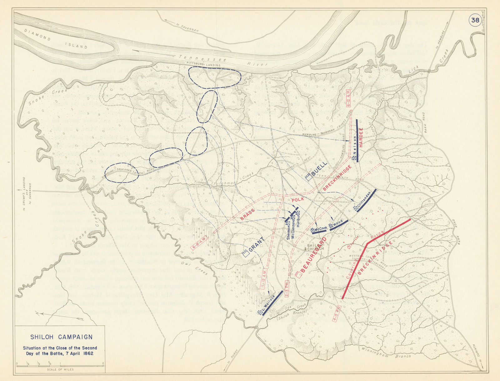 American Civil War. Evening 7 April 1862. Battle of Shiloh. Tennessee 1959 map