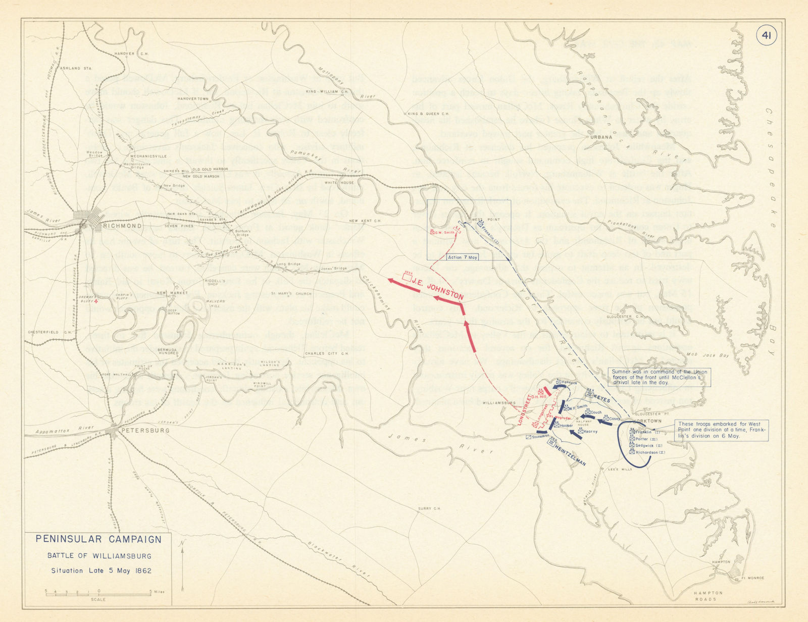 American Civil War. 5 May 1862 Battle Williamsburg. Peninsular Campaign 1959 map