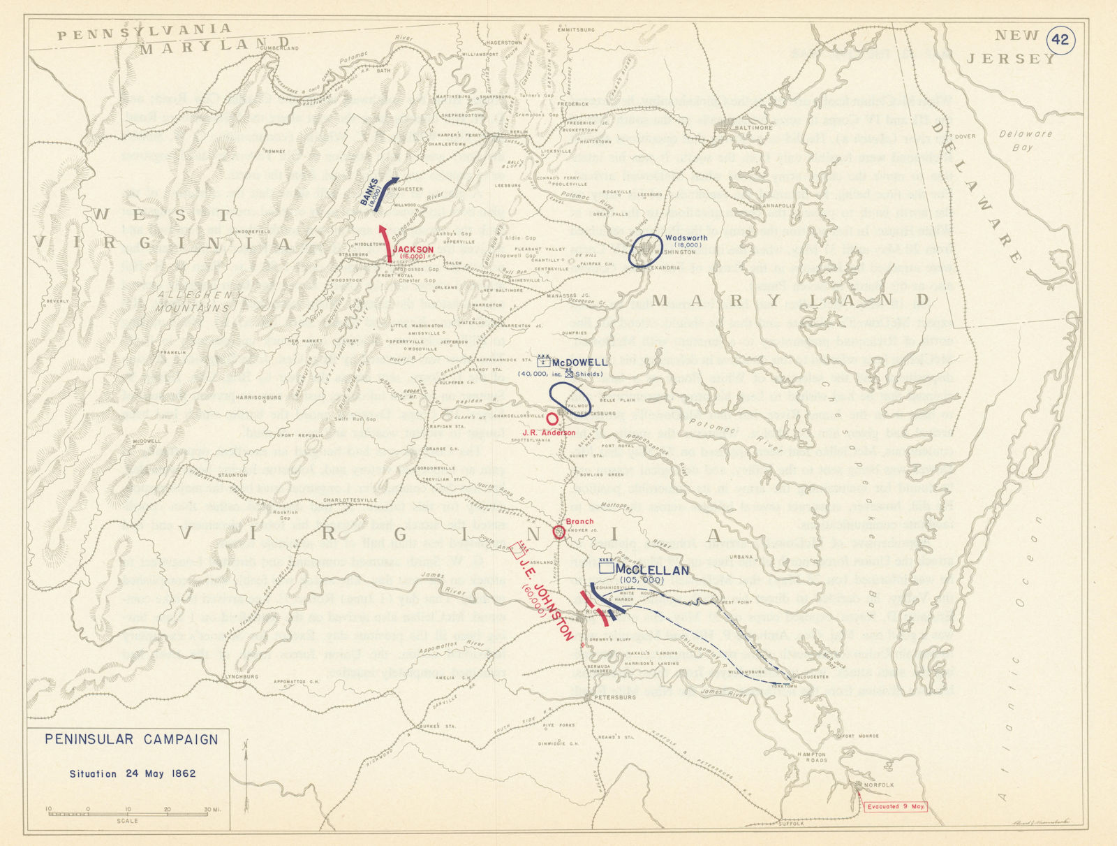 American Civil War. Situation 24 May 1862. Peninsular Campaign 1959 old map