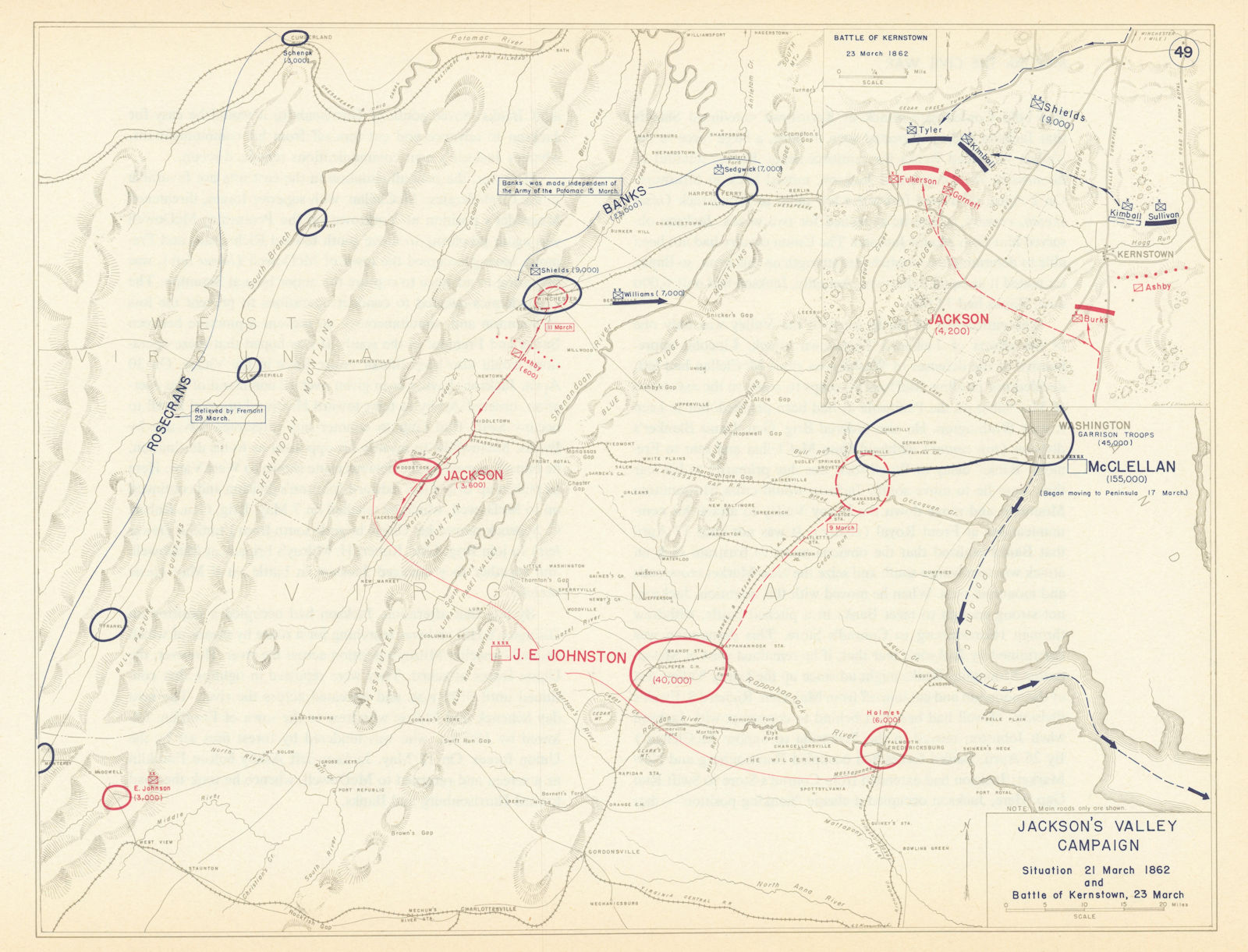 American Civil War. March 1862. Jackson's Valley Campaign. Kernstown 1959 map