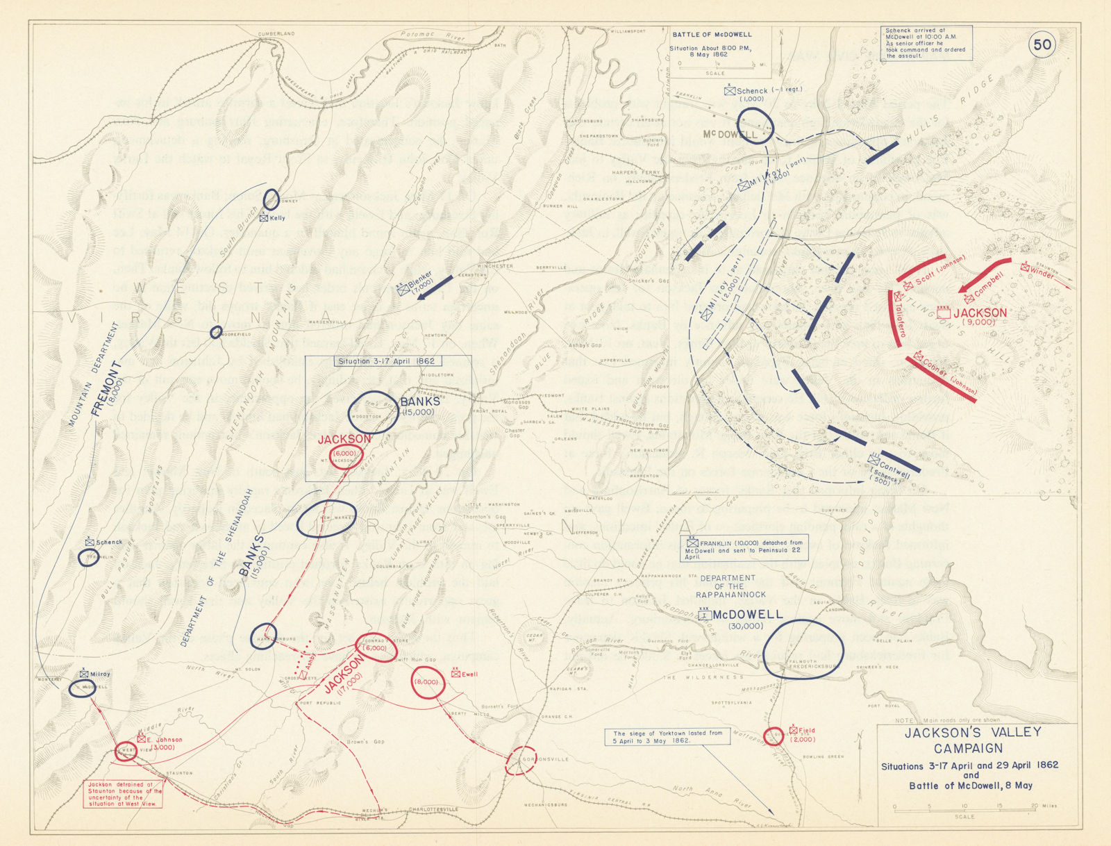 American Civil War. April-May 1862 Jackson's Valley Campaign. McDowell 1959 map