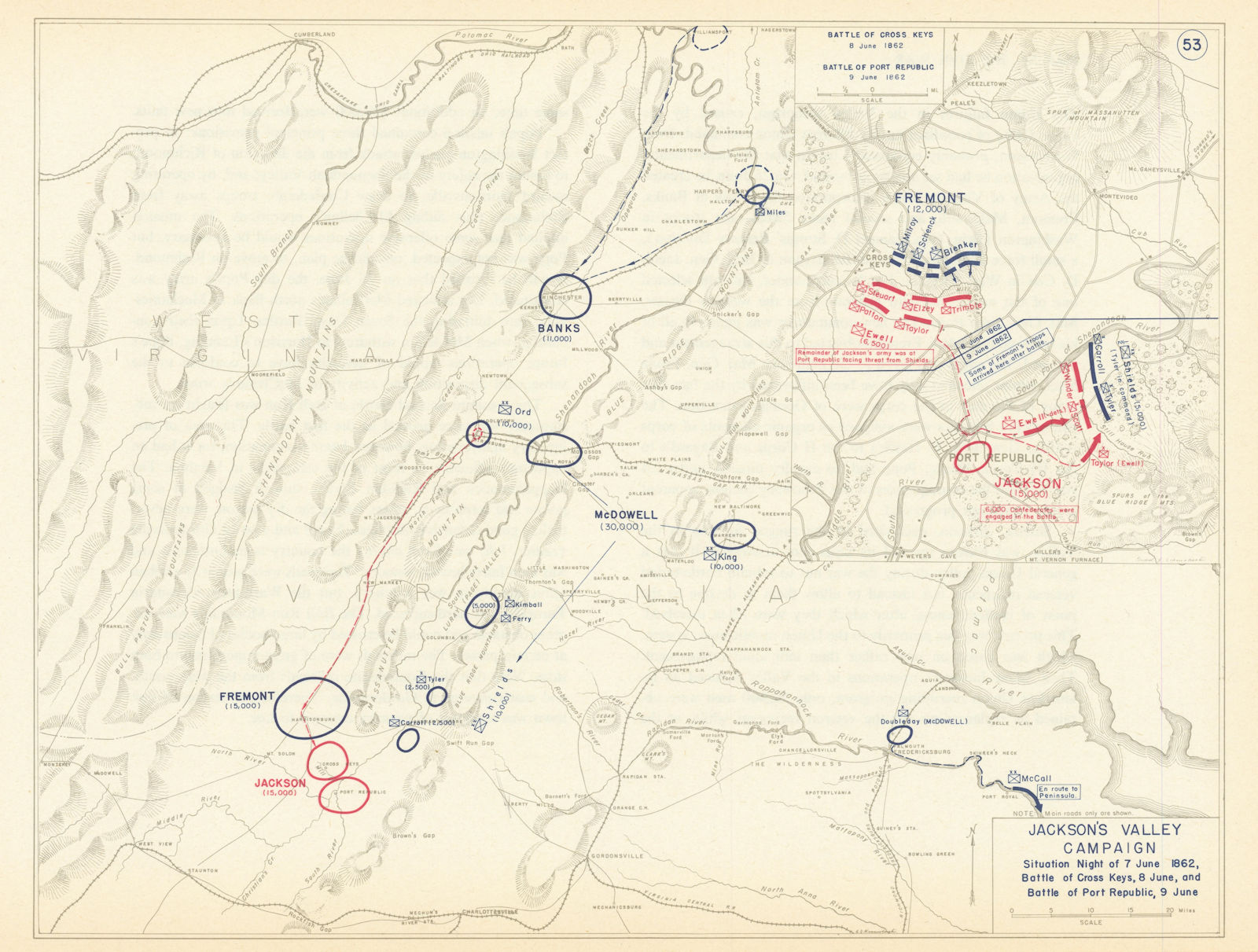American Civil War June 1862 Jackson's Valley. Cross Keys Port Republic 1959 map