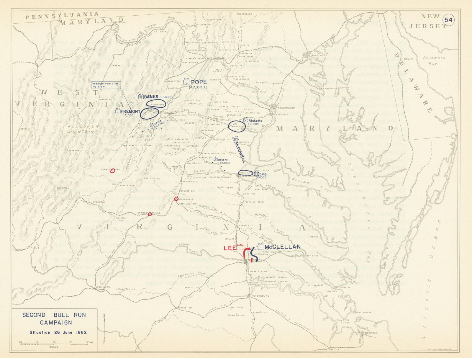 American Civil War. Situation 26 June 1862. Second Bull Run Campaign  1959 map