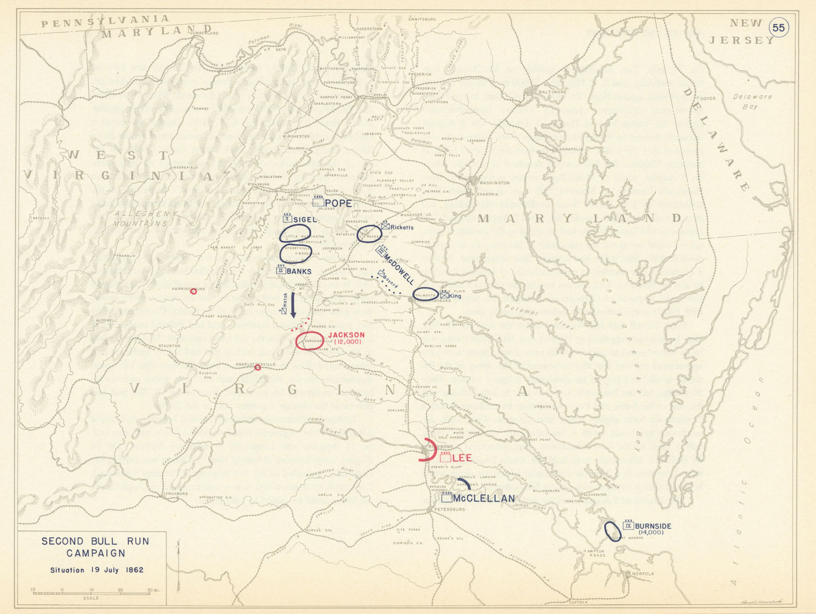 American Civil War. Situation 19 July 1862. Second Bull Run Campaign 1959 map