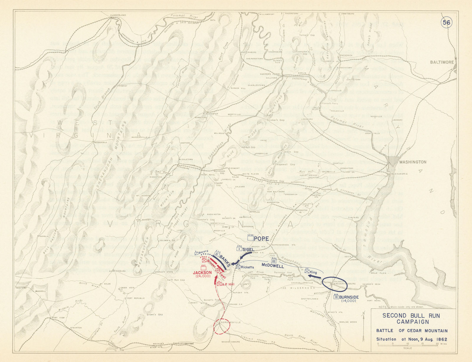 American Civil War. 9 August 1862. Battle of Cedar Mountain 1959 old map