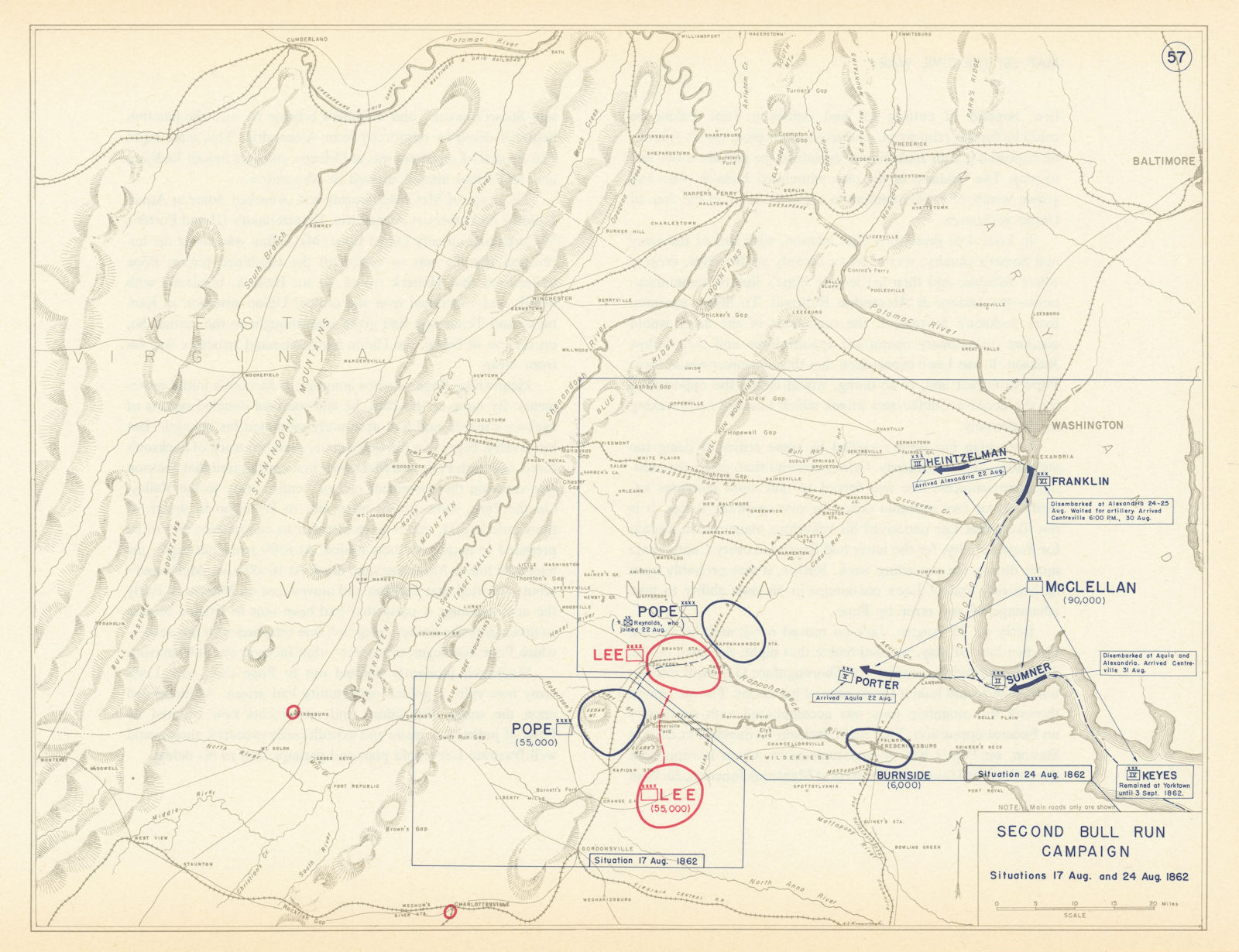 American Civil War. 17-24 August 1862. Second Battle of Bull Run 1959 old map