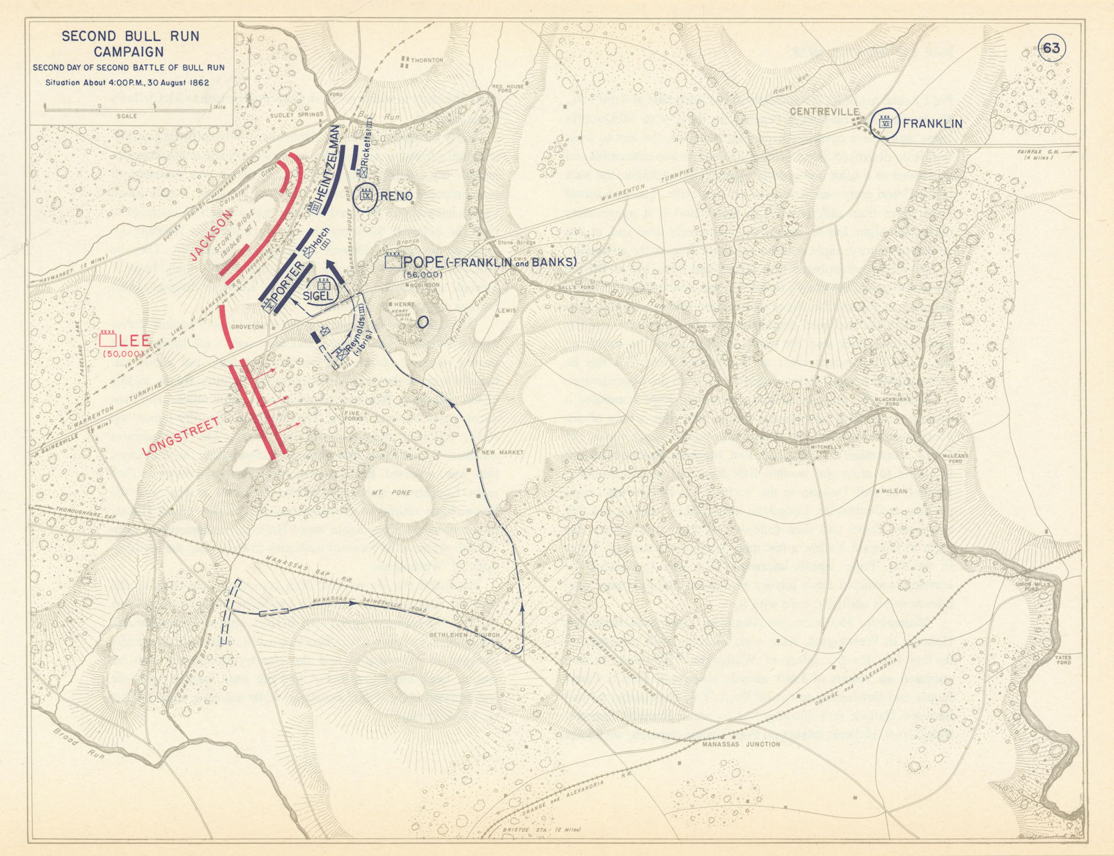 American Civil War. 4pm 30 August 1862. Second Battle of Bull Run 1959 old map