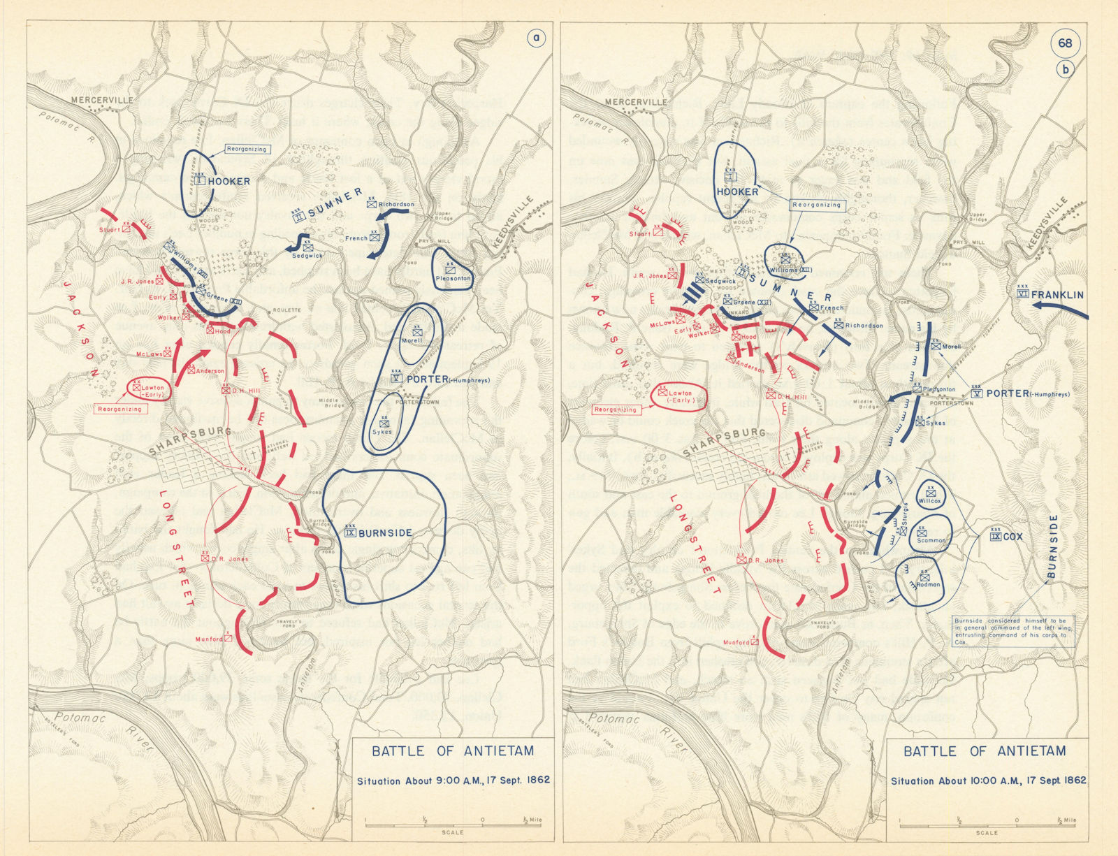 American Civil War. 9-10am 17 September 1862. Battle of Antietam 1959 old map