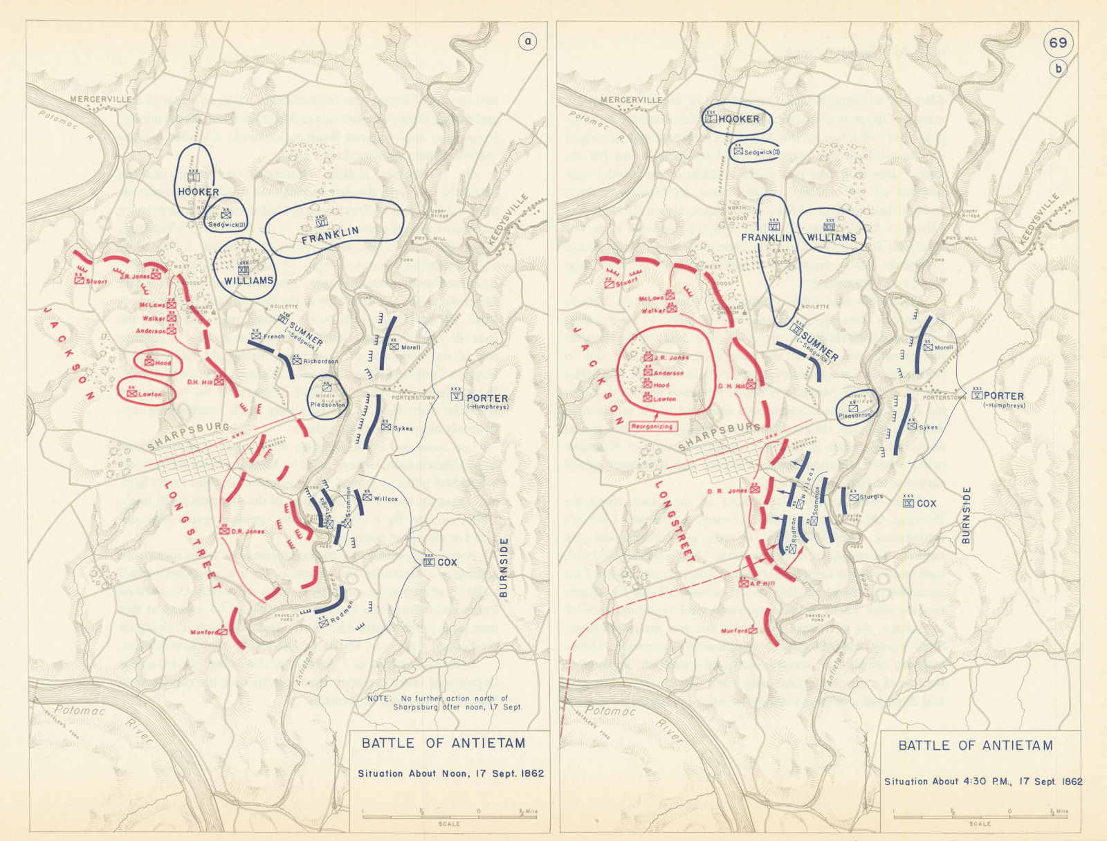 American Civil War. Noon-4.30pm 17 September 1862. Battle of Antietam 1959 map