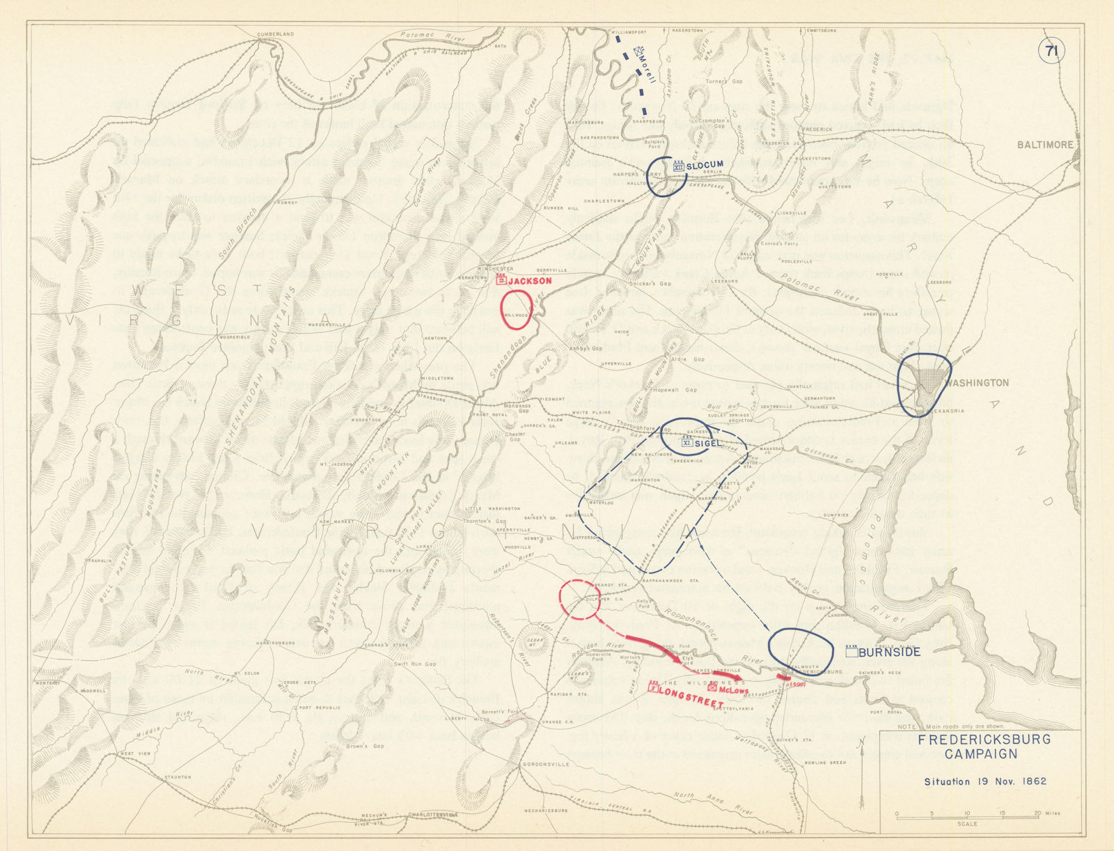 American Civil War. Situation 19 Nov 1862. Fredericksburg Campaign 1959 map