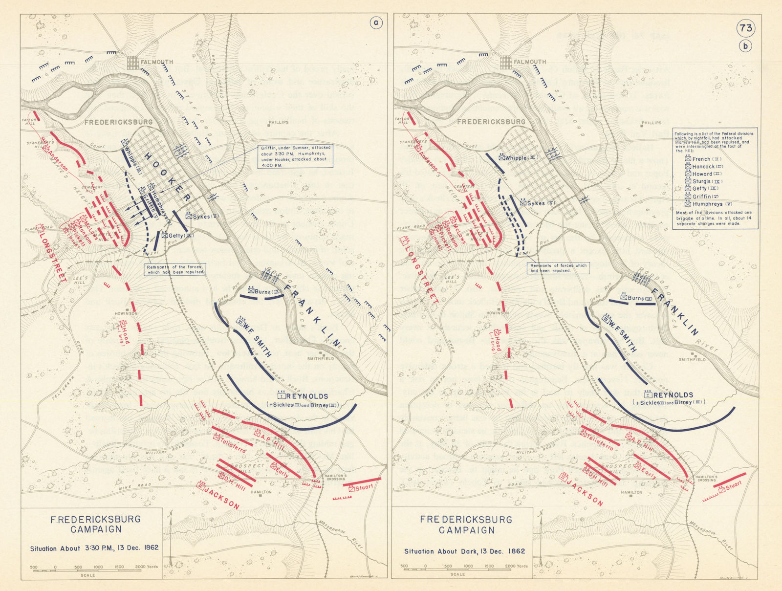 American Civil War. Afternoon 13 December 1862 Battle of Fredericksburg 1959 map