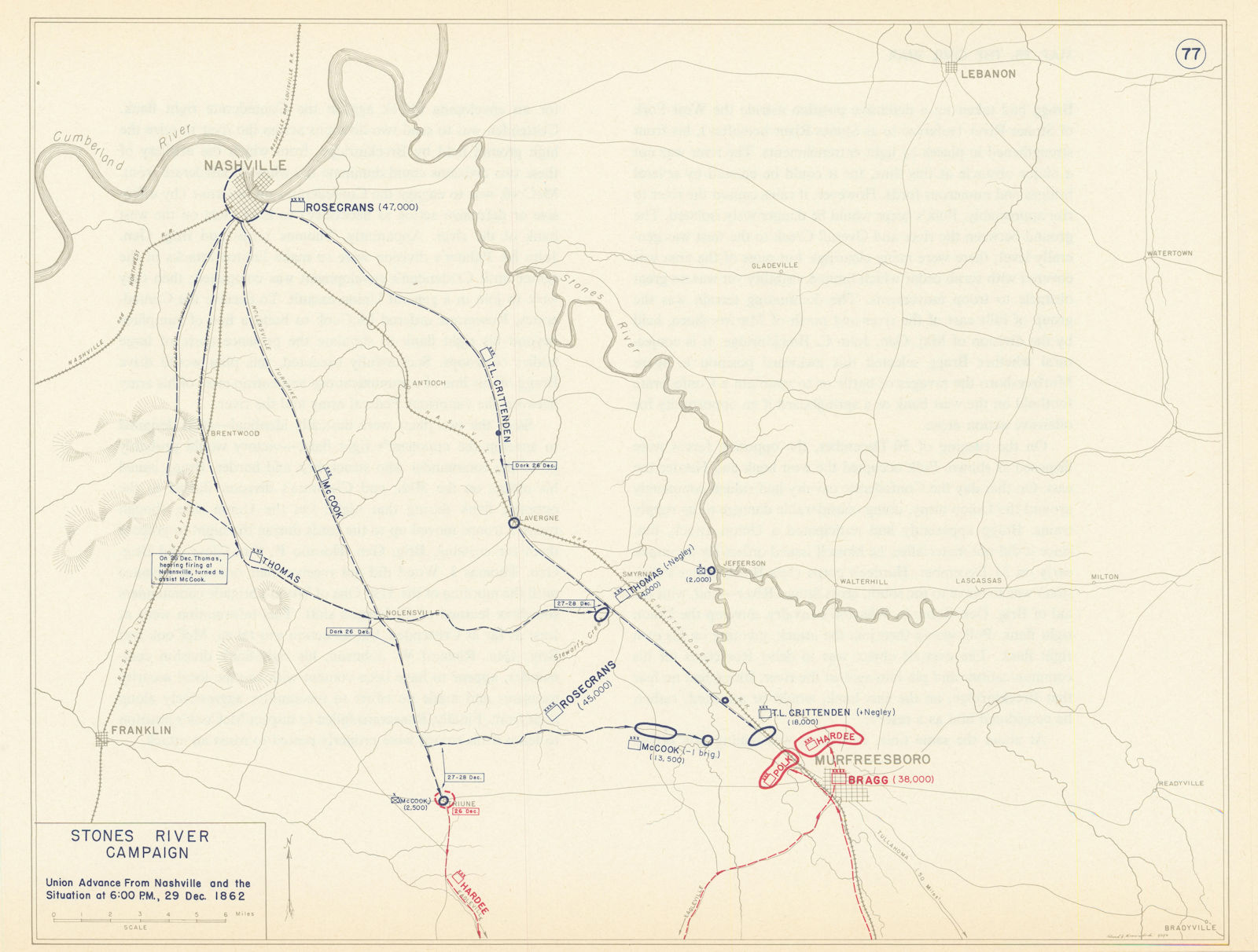American Civil War. 29 December 1862 Battle of Stones River. Nashville 1959 map
