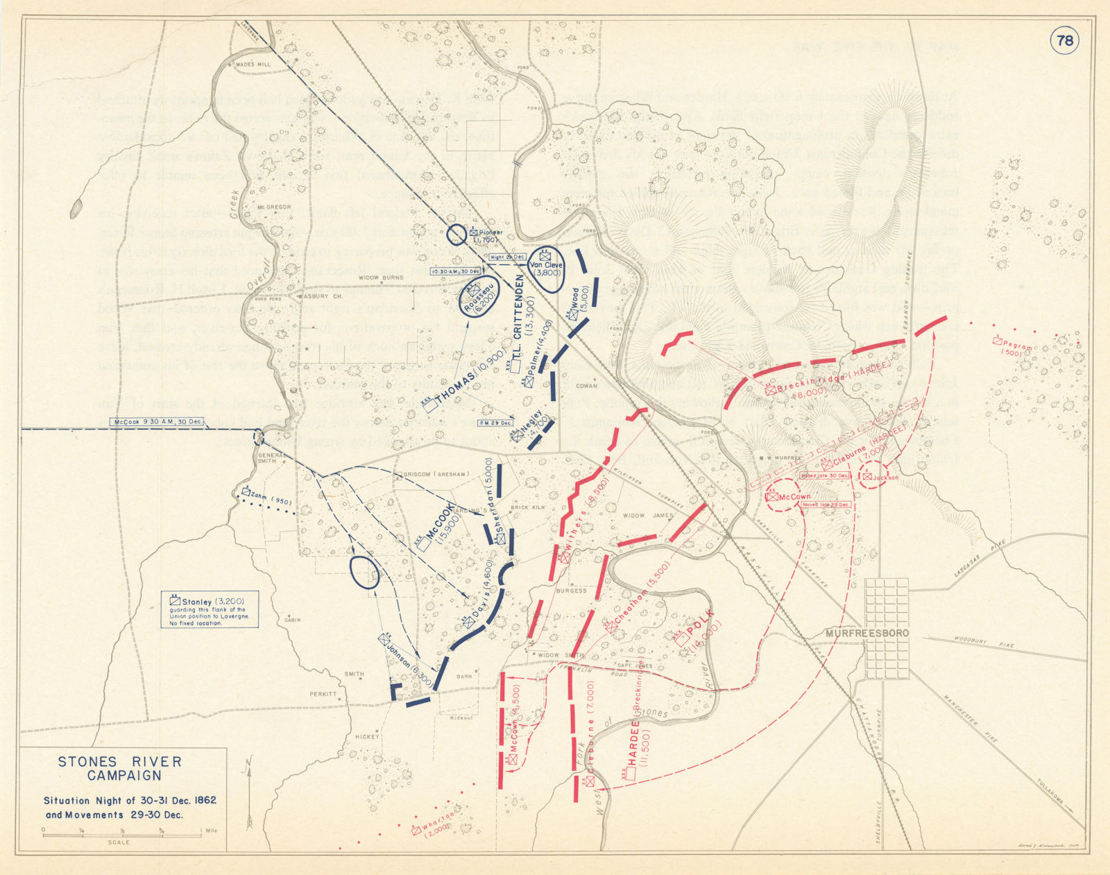 American Civil War. 29-31 December 1862. Battle of Stones River 1959 old map