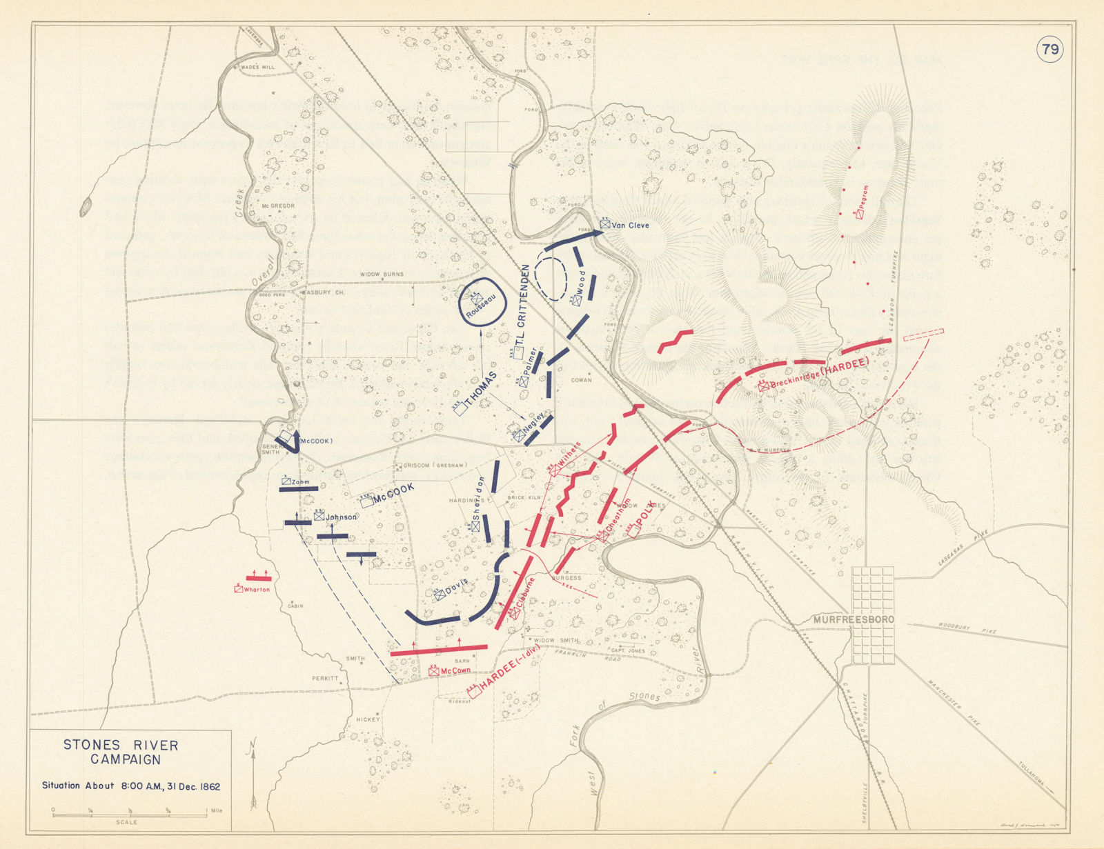 American Civil War. 8am 31 December 1862. Battle of Stones River 1959 old map