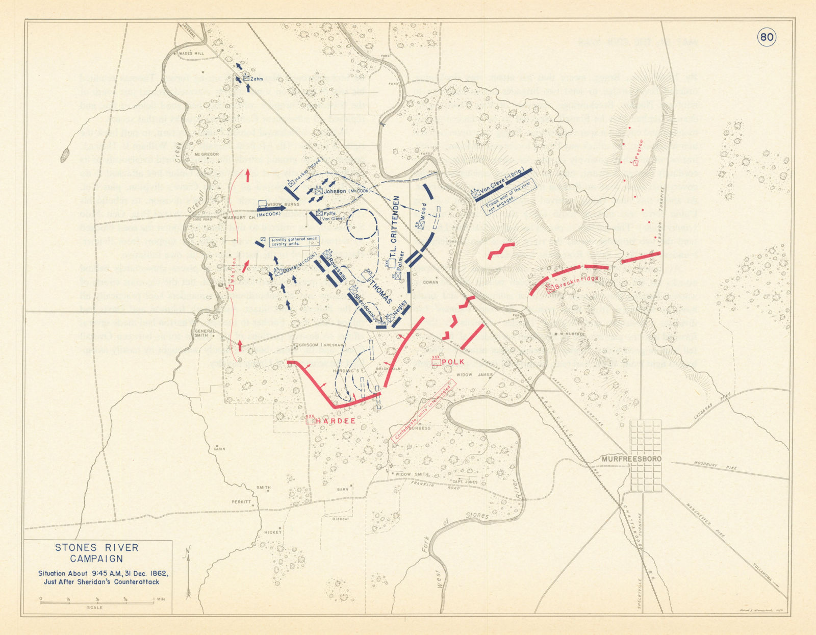 American Civil War. 9.45am 31 Dec 1862 Battle of Stones River. Sheridan 1959 map