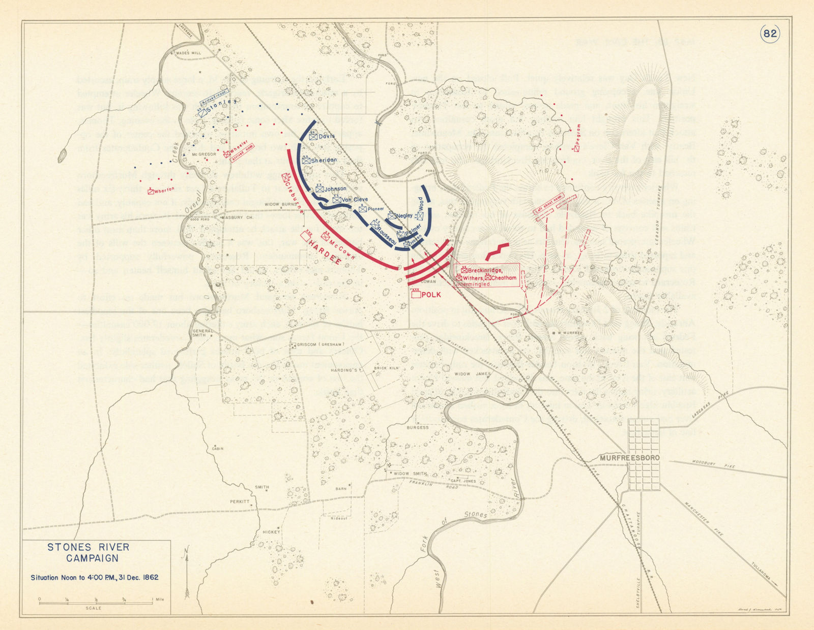 American Civil War. Noon-4pm 31 December 1862. Battle of Stones River 1959 map