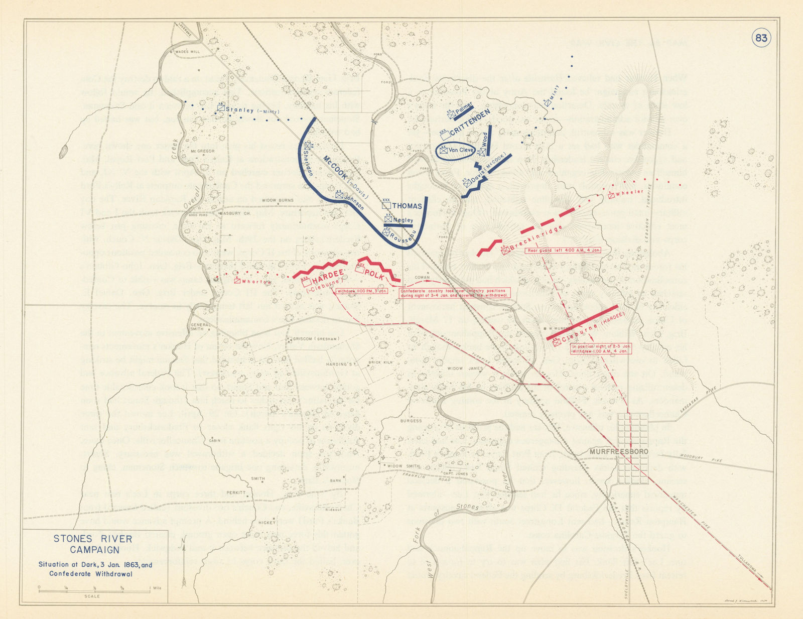 American Civil War. Nightfall 3 January 1862. Battle of Stones River 1959 map