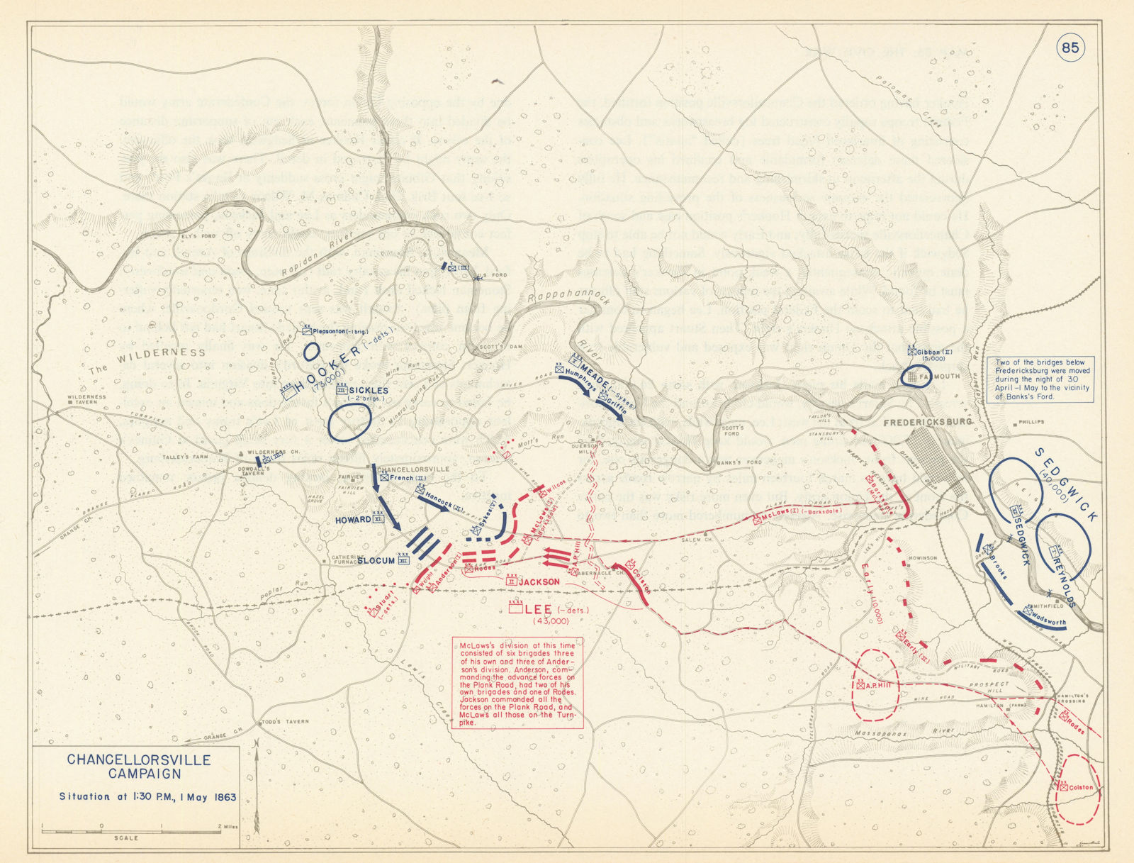 American Civil War. 1.30pm, 1 May 1863. Battle of Chancellorsville 1959 map