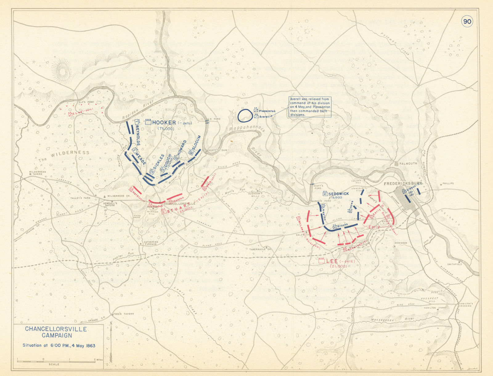 American Civil War. 6pm, 4 May 1863. Battle of Chancellorsville 1959 old map