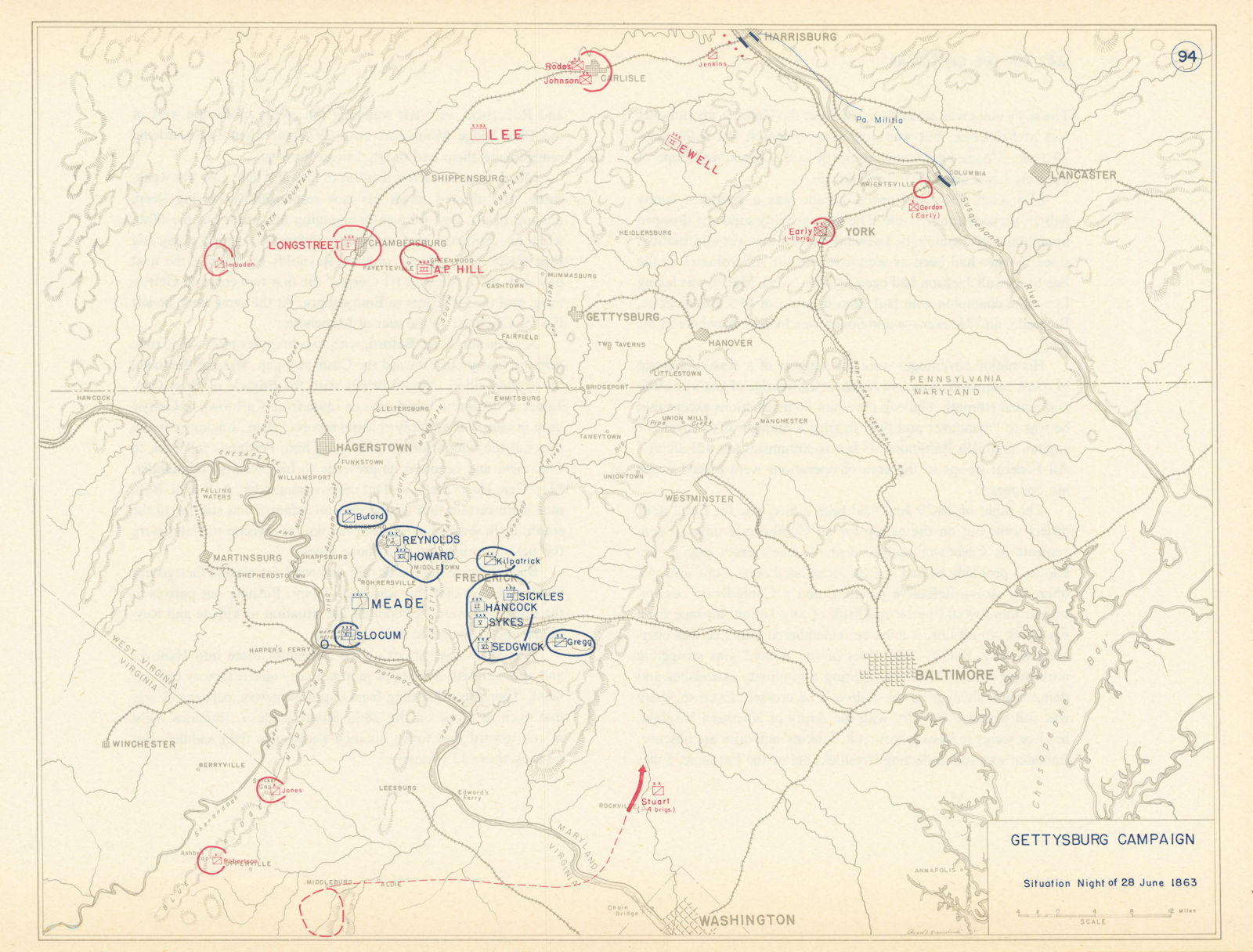 American Civil War. Situation Night of 28 June 1863 Gettysburg Campaign 1959 map