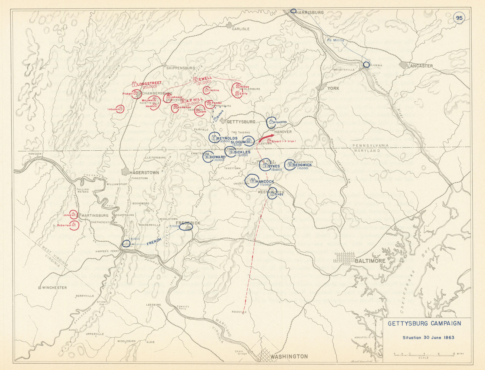 American Civil War. Situation 30 June 1863. Gettysburg Campaign 1959 old map