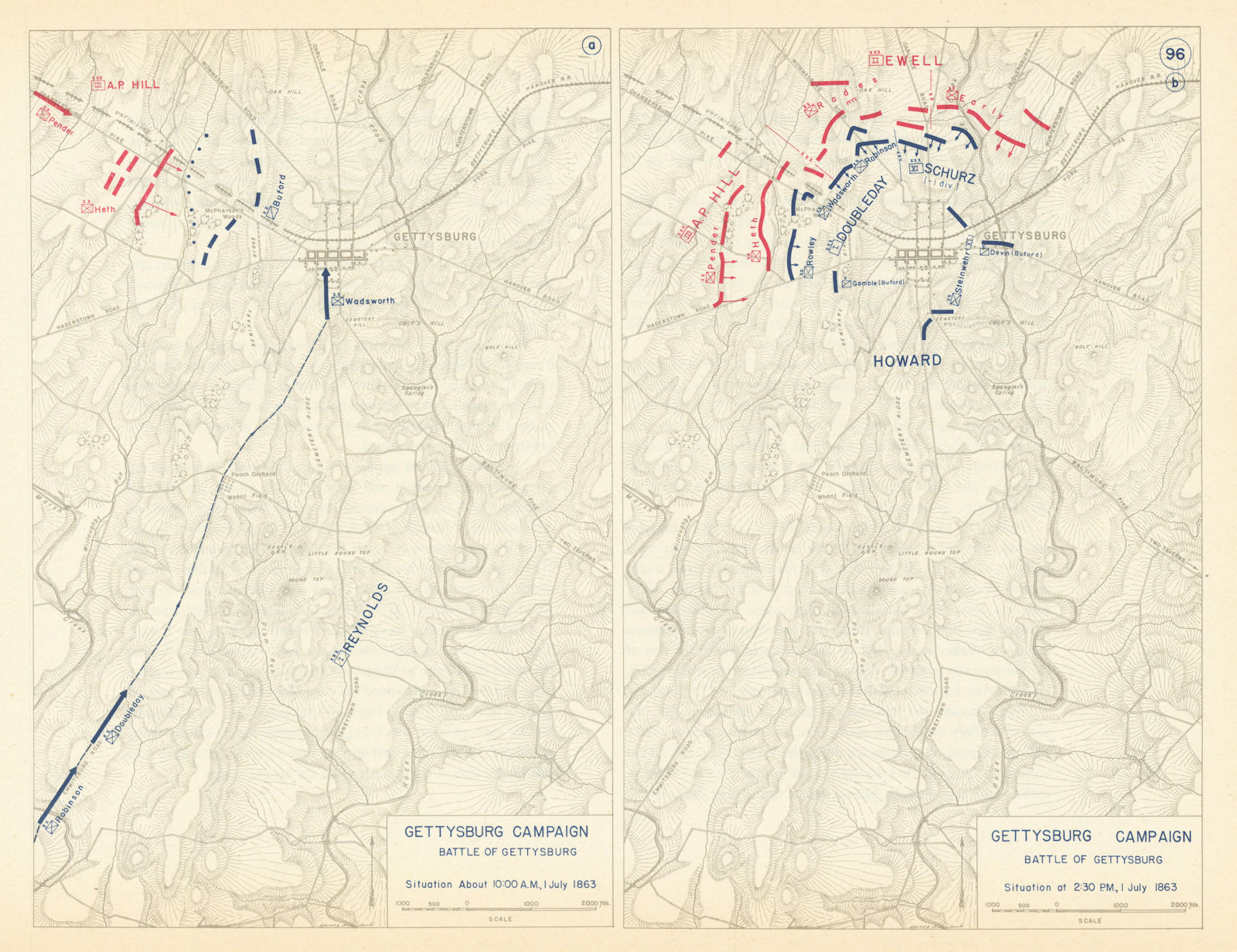 American Civil War. 10am-2.30pm 1 July 1863. Battle of Gettysburg 1959 old map