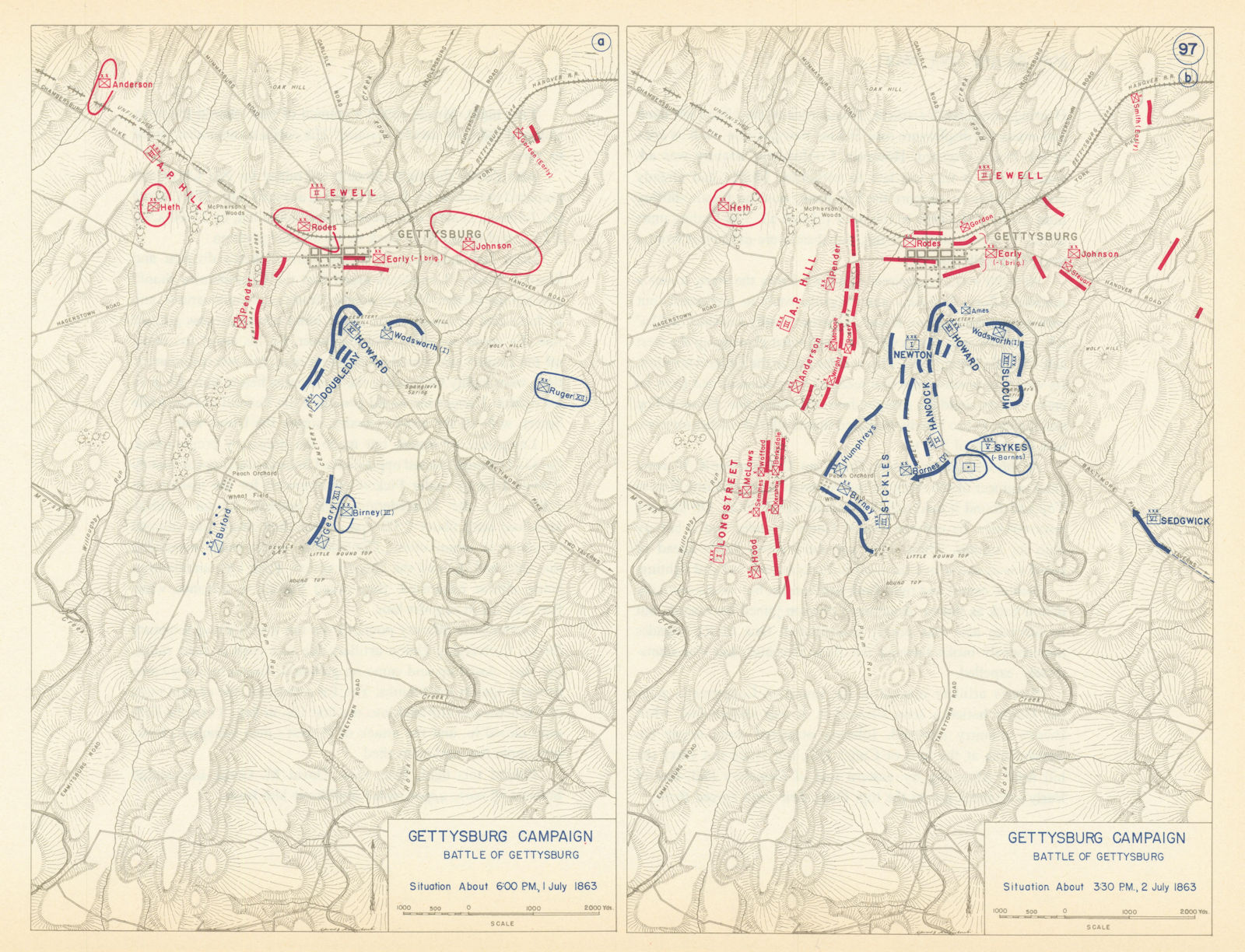 American Civil War. 6pm 1 July-3.30pm 2 July 1863. Battle of Gettysburg 1959 map