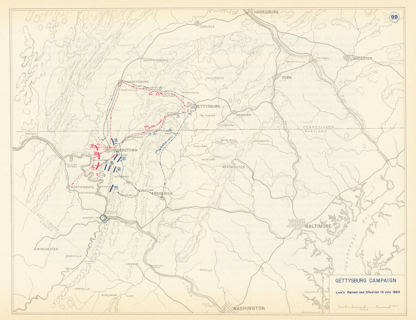 American Civil War. 13 July 1863 Gettysburg Campaign. Lee's Retreat 1959 map