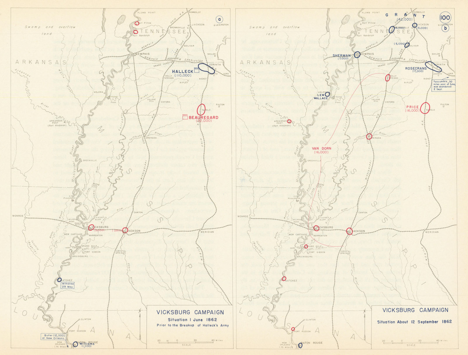 American Civil War. 1 June-12 Sept 1862 Vicksburg Campaign 1959 old map