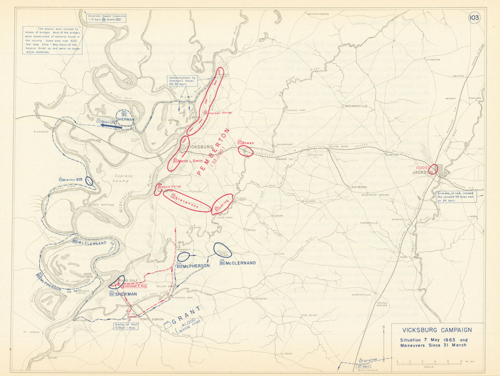 American Civil War. 31 March-7 May 1863 Vicksburg Campaign 1959 old map