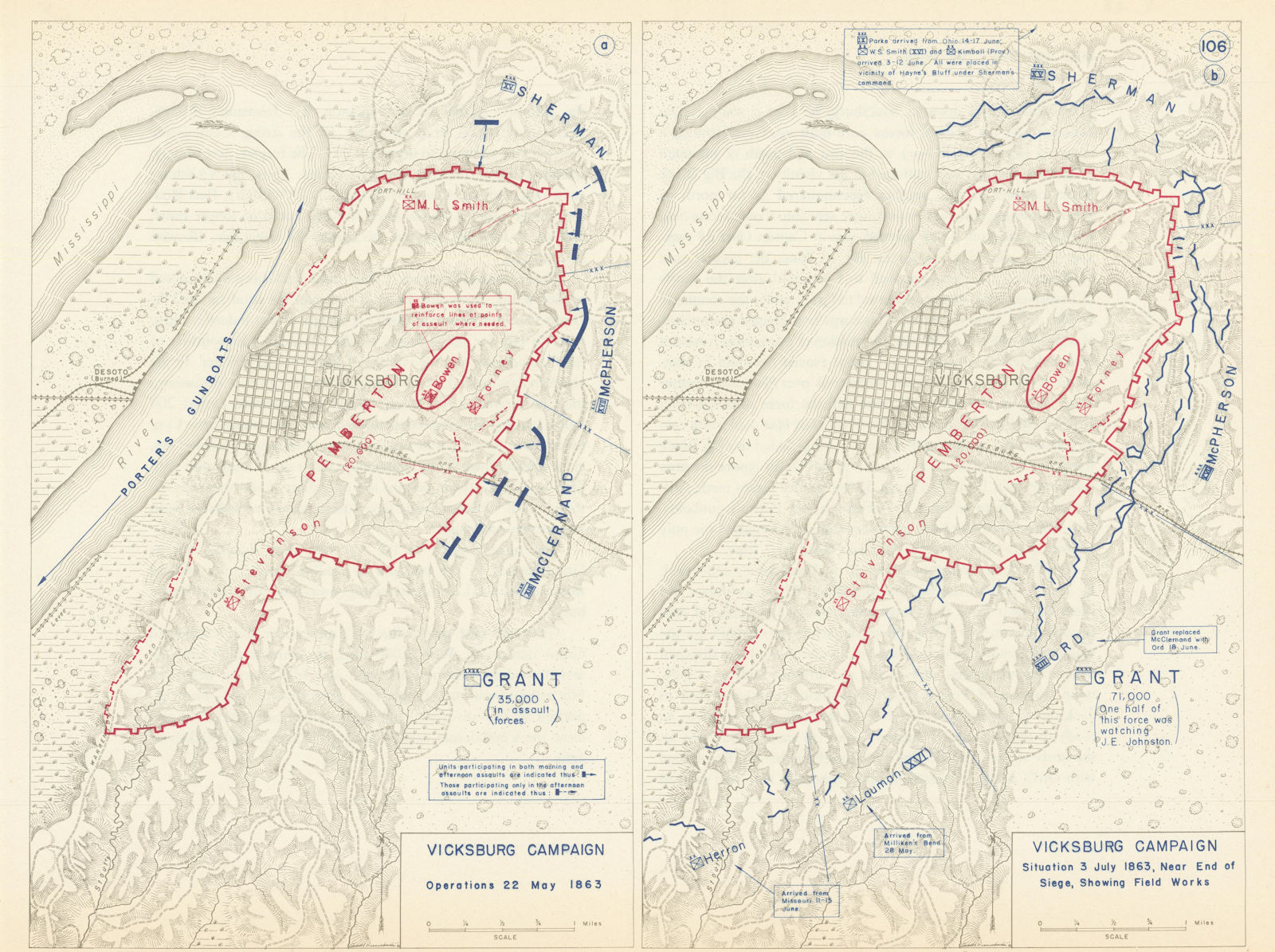 American Civil War. 22 May-3 July 1863 Siege of Vicksburg 1959 old vintage map