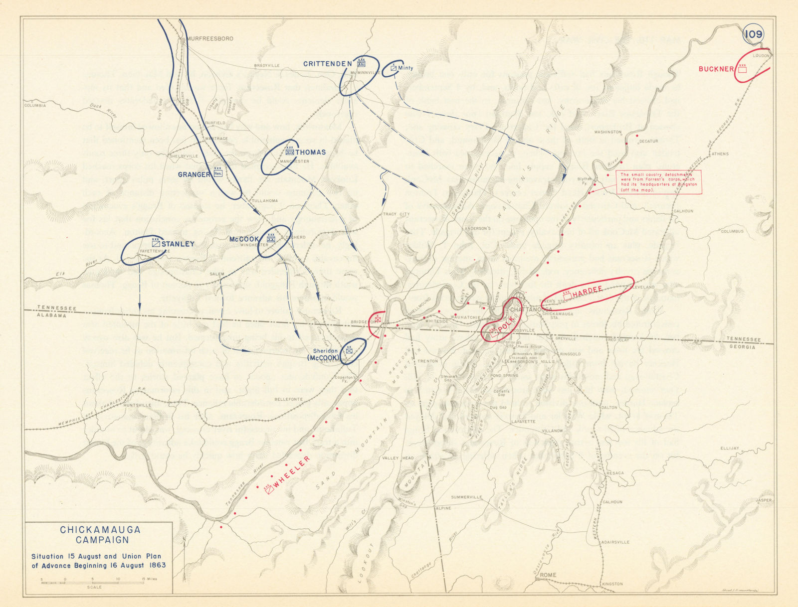 American Civil War. 15-16 August 1863 Chickamauga Campaign. Union Plan 1959 map