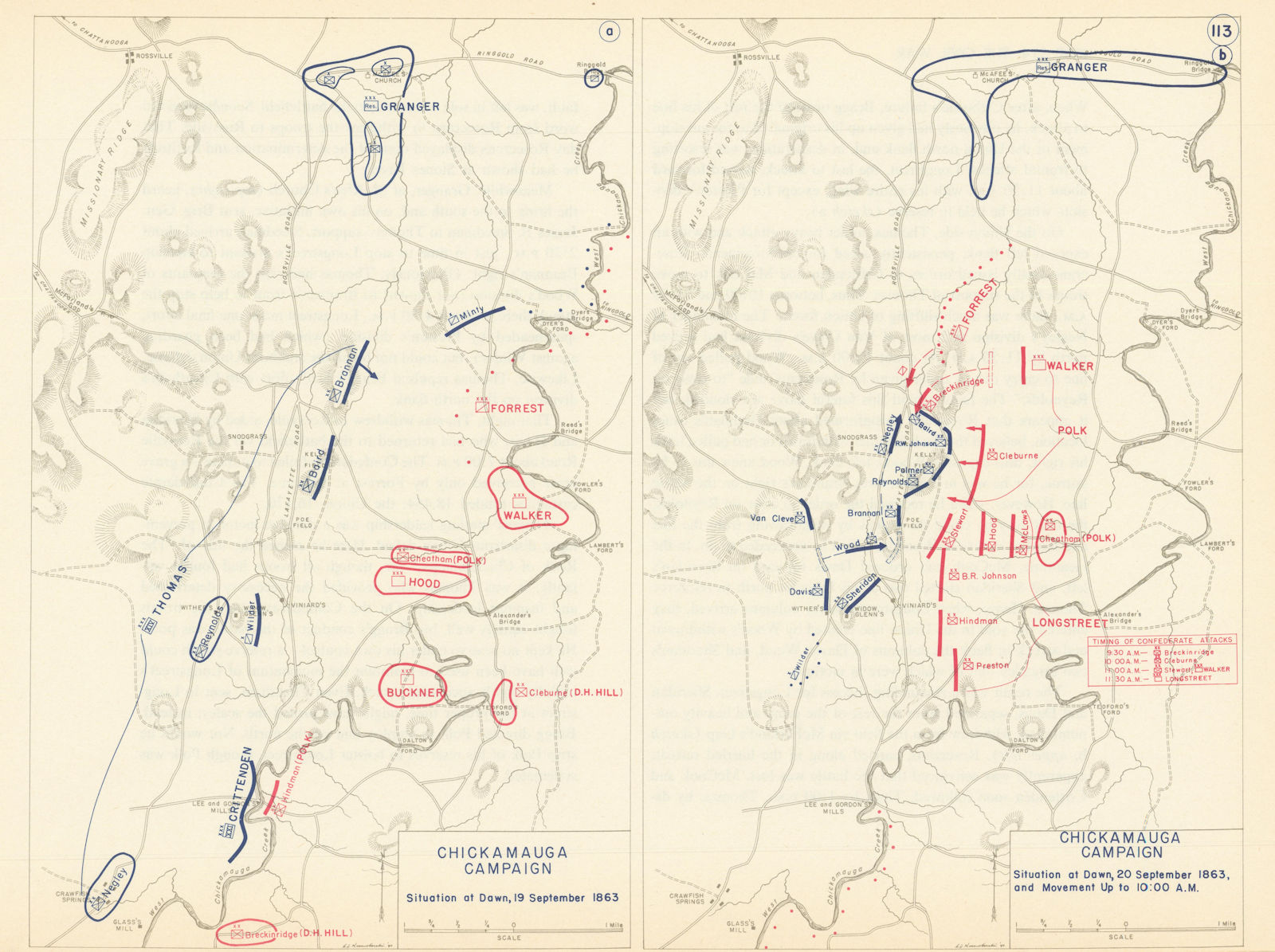 American Civil War. 19-20 September 1863 Battle of Chickamauga 1959 old map