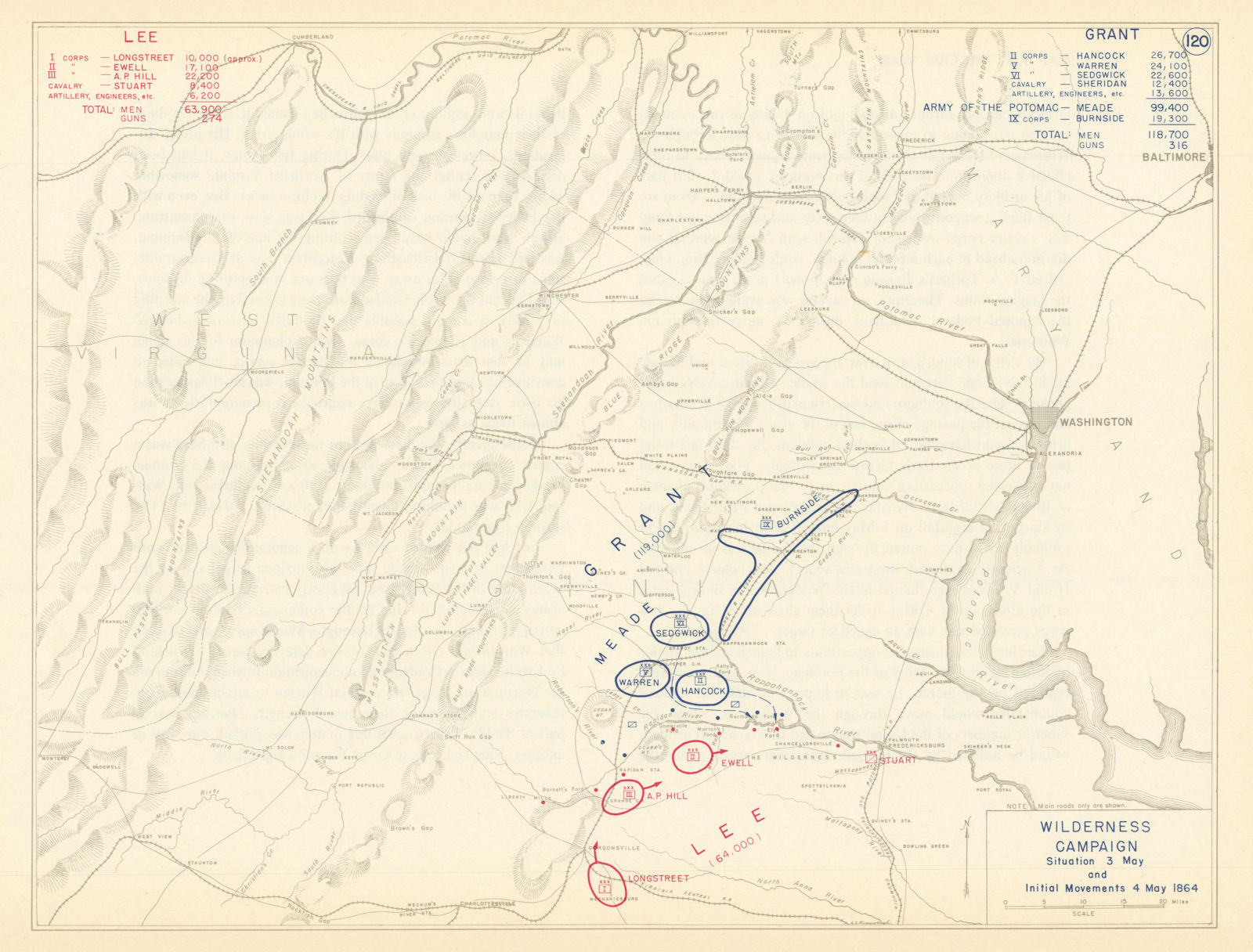 American Civil War. 3-4 May 1864 Wilderness Campaign 1959 old vintage map
