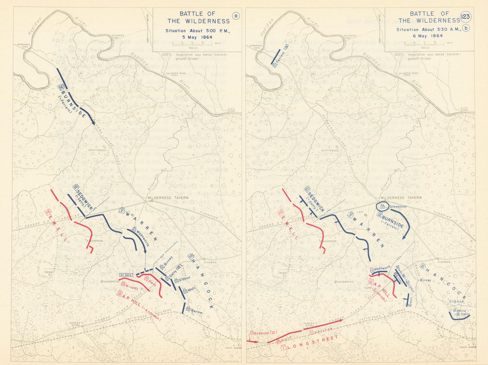 American Civil War 5pm 5 May-5.30am 6 May 1864 Battle of the Wilderness 1959 map