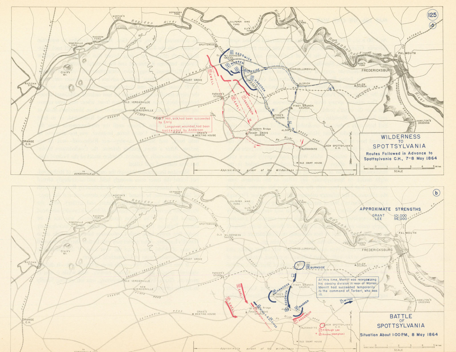 American Civil War. 7-8 May 1864 Battle of Spotsylvania. Virginia 1959 old map