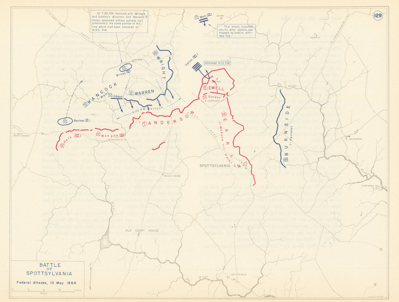 American Civil War. 10 May 1864 Battle of Spotsylvania. Federal Attacks 1959 map