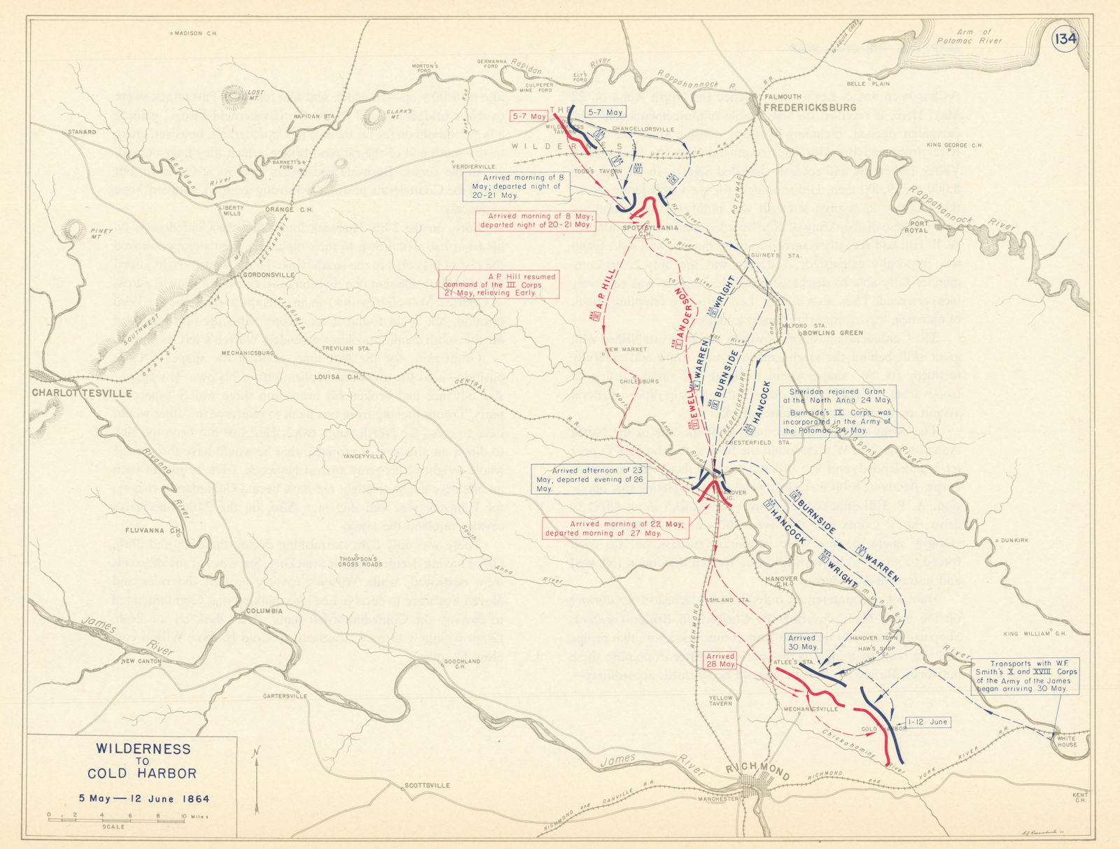 American Civil War. 5 May-12 June 1864 Wilderness-Cold Harbor. Virginia 1959 map