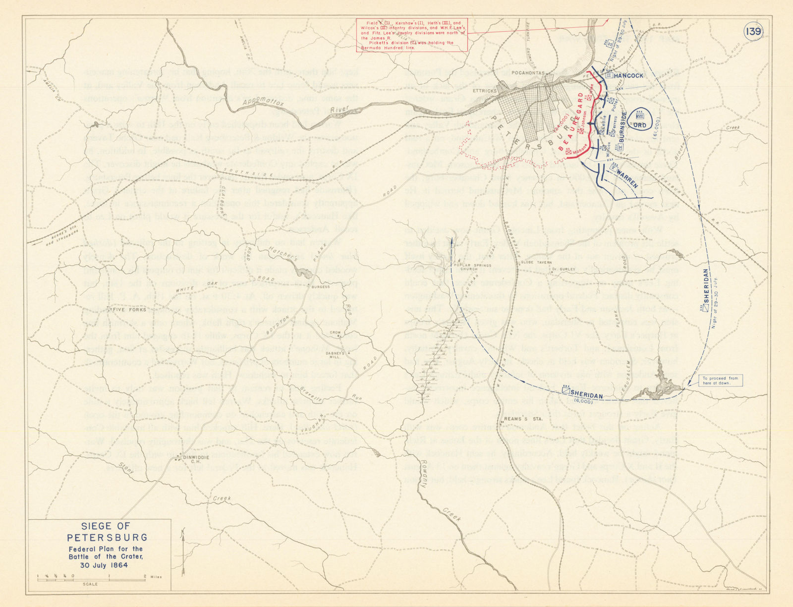 American Civil War. 30 July 1864 Petersburg Siege. Battle of the Crater 1959 map