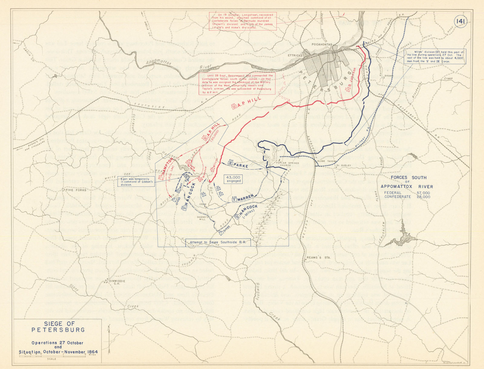 American Civil War. 27-28 October & November 1864 Siege of Petersburg 1959 map