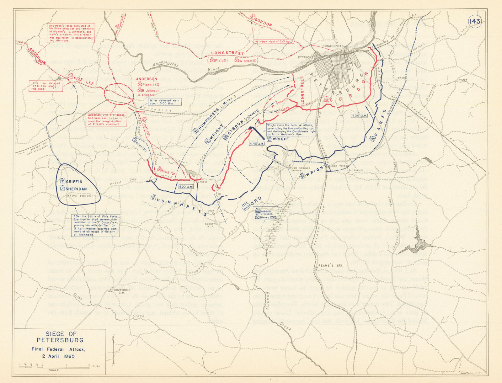 American Civil War. 2 April 1865. Third Battle of Petersburg 1959 old map